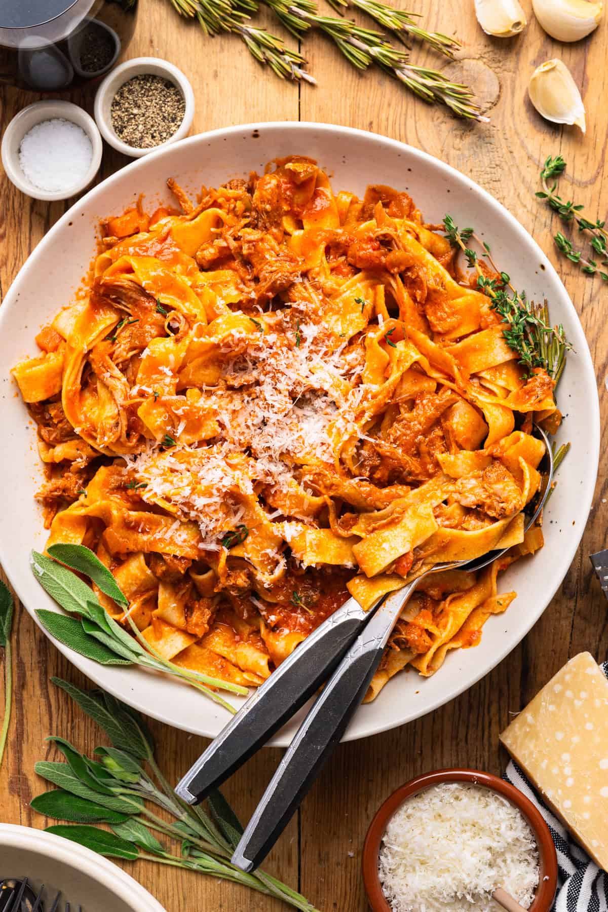Braised Pork Ragu Pappardelle in a white bowl.