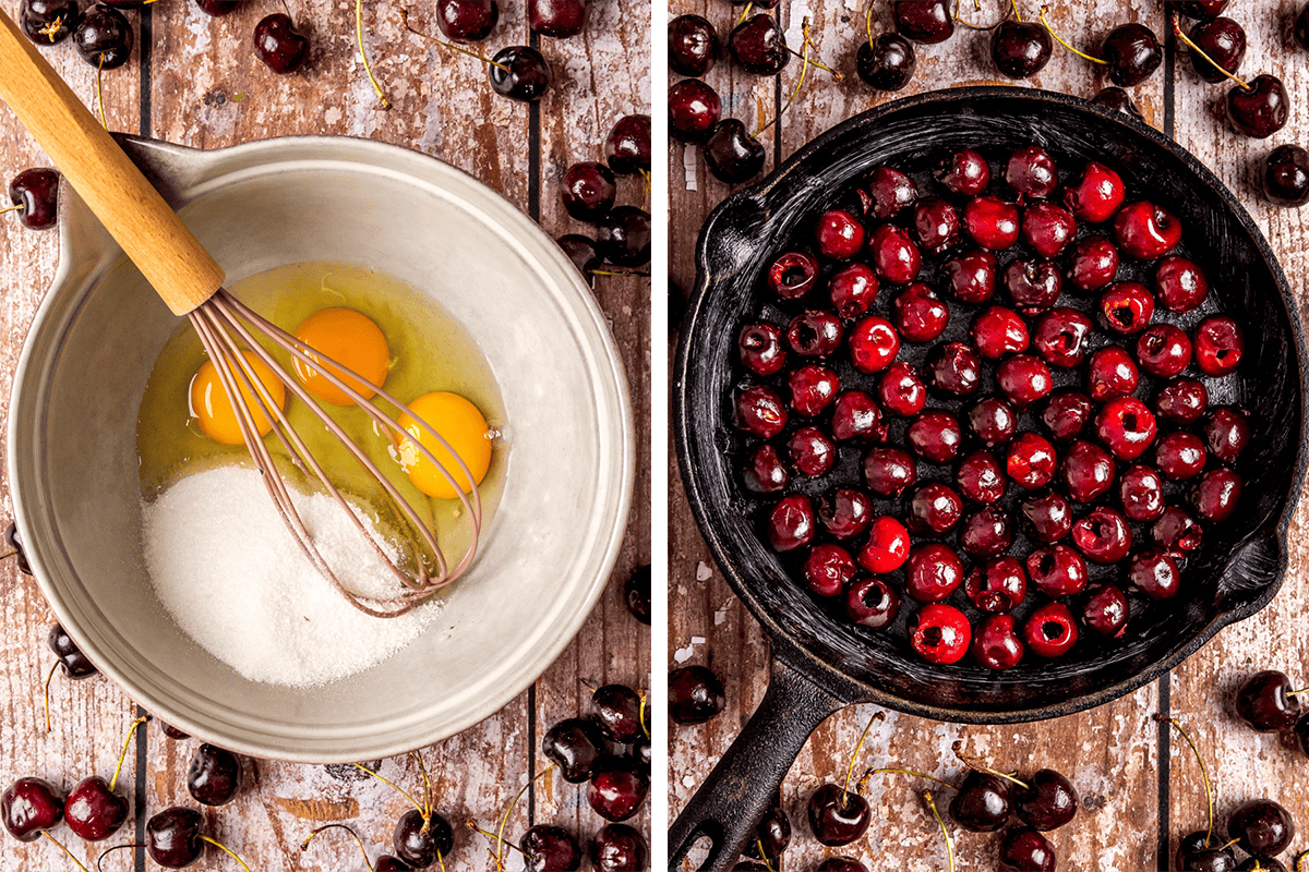 Split image: left side shows a bowl with cracked eggs, sugar, and a whisk; right side shows a skillet filled with halved cherries.