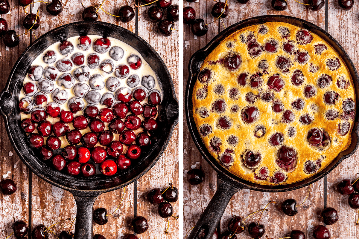 Side-by-side images show a cast iron skillet with fresh cherries and batter, then the same skillet with baked golden-brown cherry clafoutis. 