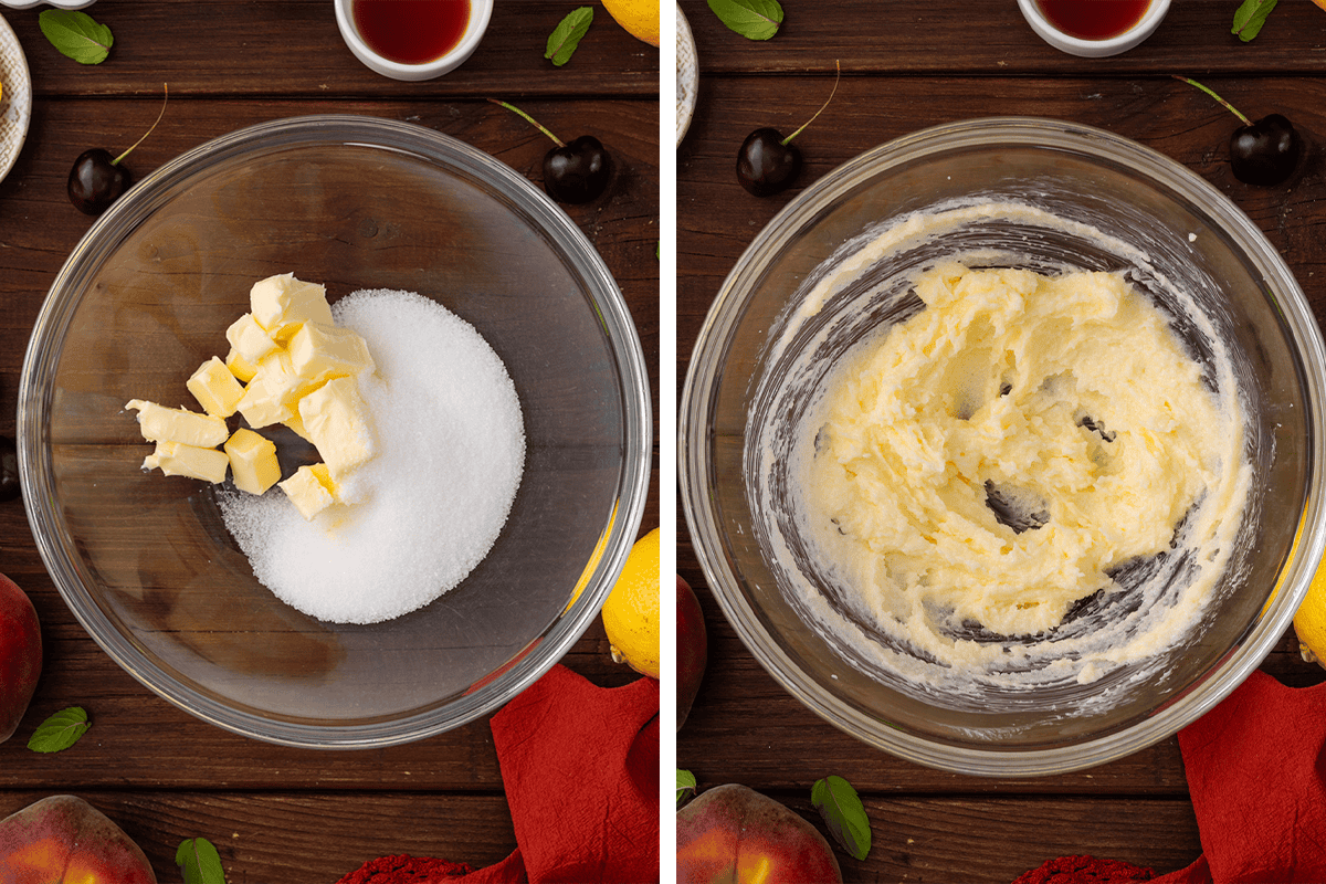 How to Make Cherry Peach Ricotta Cake (Step-by-Step Photos) Two photos: left shows a glass bowl with cubed butter and sugar; right shows the same bowl with the butter and sugar creamed together.