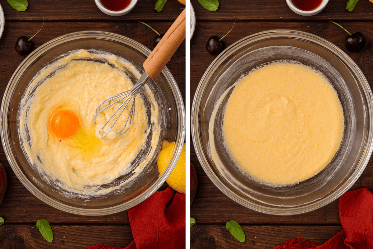 How to Make Cherry Peach Ricotta Cake (Step-by-Step Photos) Two side-by-side images: the left shows a glass bowl with batter and an egg being mixed with a whisk; the right shows the batter blended smooth.