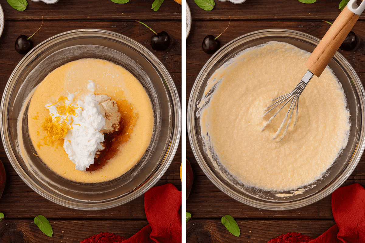 How to Make Cherry Peach Ricotta Cake (Step-by-Step Photos) Side-by-side images show a glass bowl with yellow cake batter and white ingredients on the left, and the same bowl with the mixture fully whisked on the right.