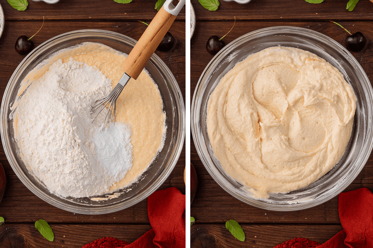 How to Make Cherry Peach Ricotta Cake (Step-by-Step Photos) Two glass bowls with cake batter: one with flour and baking powder on top, a whisk inside; the second bowl shows the smooth, mixed batter.