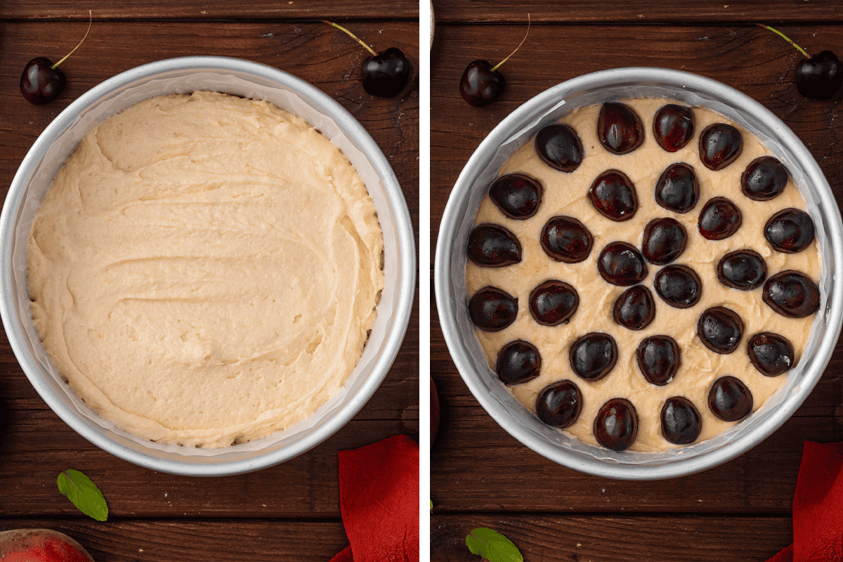 How to Make Cherry Peach Ricotta Cake (Step-by-Step Photos) Two round cake pans: one filled with plain cake batter, the other with cake batter topped with a layer of halved dark cherries.