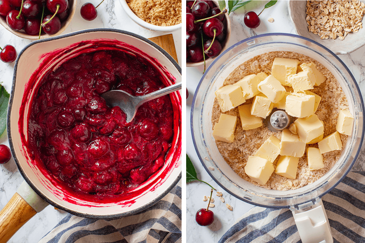How to Make Cherry Pie Bars Cooking fresh cherries, sugar, lemon juice, and vanilla until thickened in a saucepan. Then adding cubed cold butter to the crust mixture (flour, oats, sugar, baking powder, and salt) in a food processor.