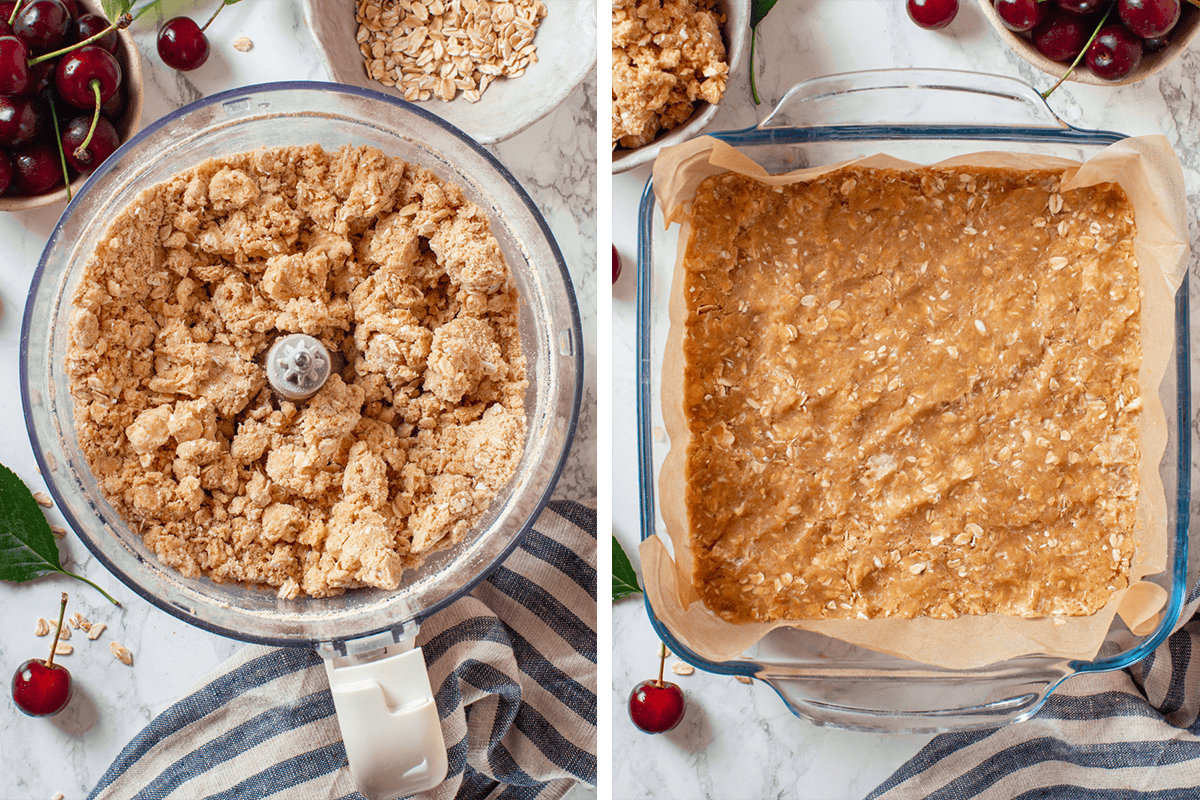 How to Make Cherry Pie Bars Pulsing the flour, oats, sugar, baking powder, salt, butter, and beaten egg until crumbly in a food processor. Then pressing some of this mixture into the 9-inch square baking pan.
