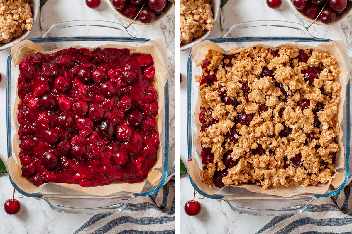 How to Make Cherry Pie Bars Spreading the cherry filling over the crust in a baking dish, then sprinkling with the reserved topping.