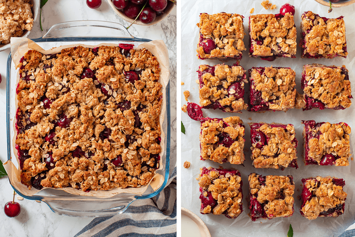 How to Make Cherry Pie Bars Baking until golden in a 9-inch square baking dish; then slicing into 12 squares on parchment paper.
