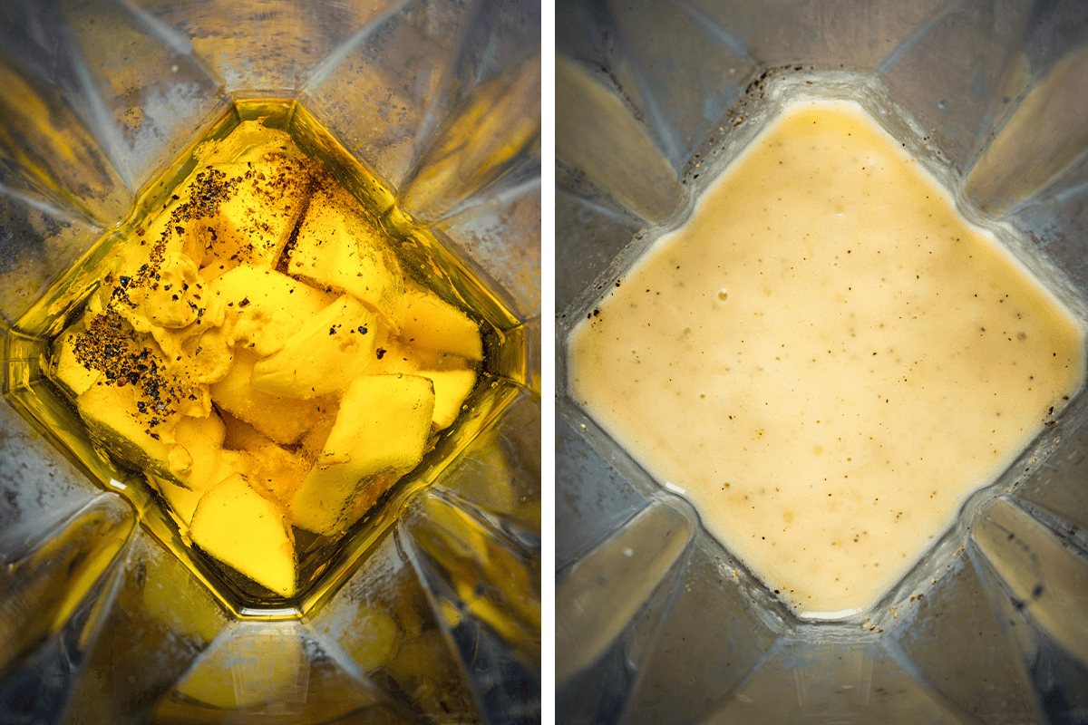 Chicken Arugula Salad (Step-by-Step Photos) Split image: Left, chunks of yellow fruit, black pepper, and liquid in a blender. Right, the same ingredients blended into a smooth, creamy yellow mixture.