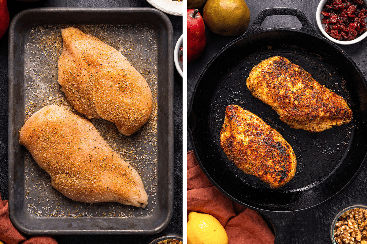 Chicken Arugula Salad (Step-by-Step Photos) Two side-by-side images: raw, seasoned chicken breasts in a baking pan on the left; cooked, browned chicken breasts in a black skillet on the right, surrounded by various ingredients.