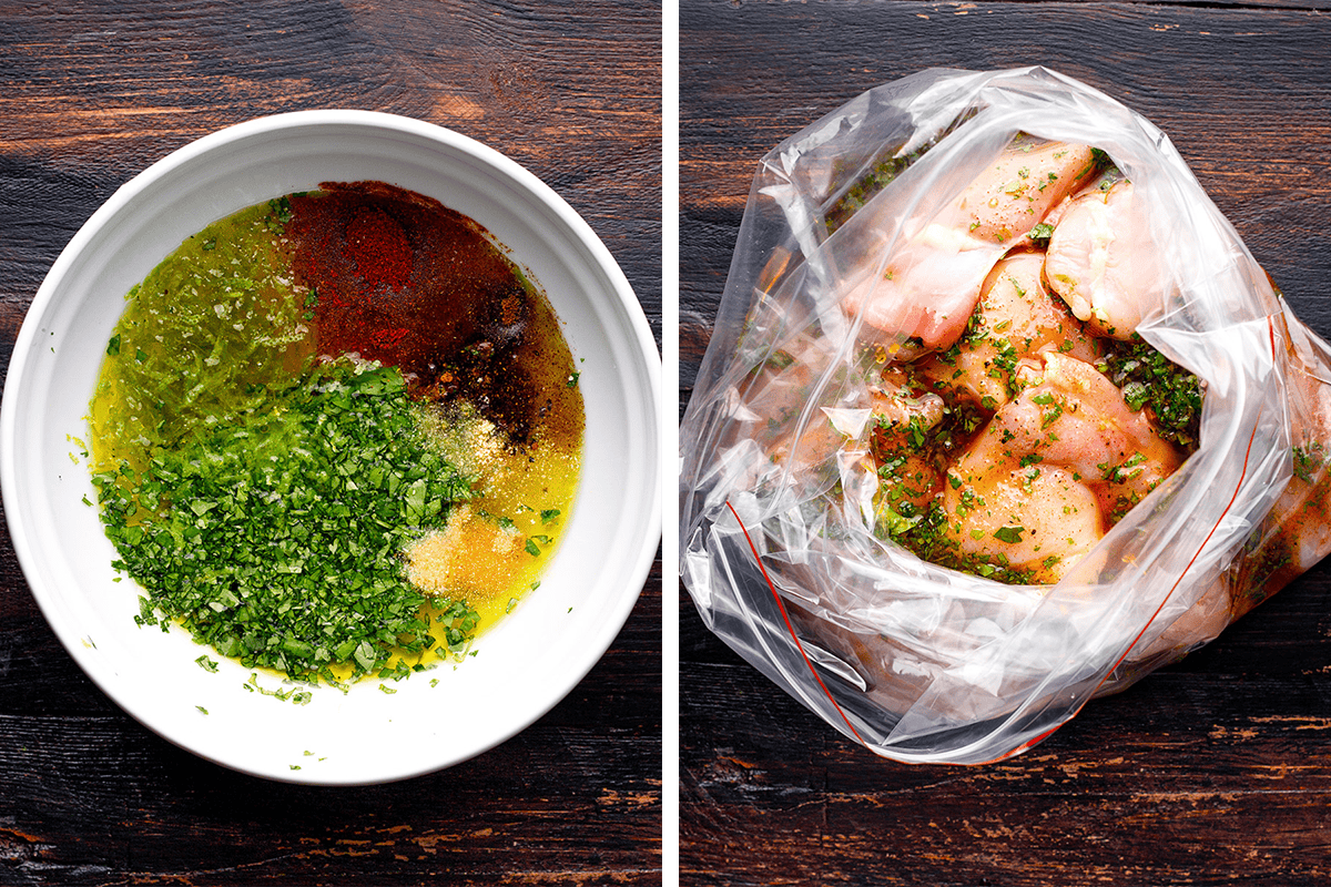 How to Make Grilled Cilantro Lime Chicken Thighs (Step-by-Step Photos) A white bowl with oil, herbs, and spices sits beside a zip-top bag filled with raw chicken pieces coated in the marinade mixture, all on a dark wooden surface.
