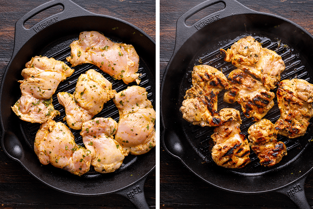 How to Make Grilled Cilantro Lime Chicken Thighs (Step-by-Step Photos) Two side-by-side images: left shows raw marinated chicken thighs on a grill pan; right shows the same chicken cooked with visible grill marks in the same pan.