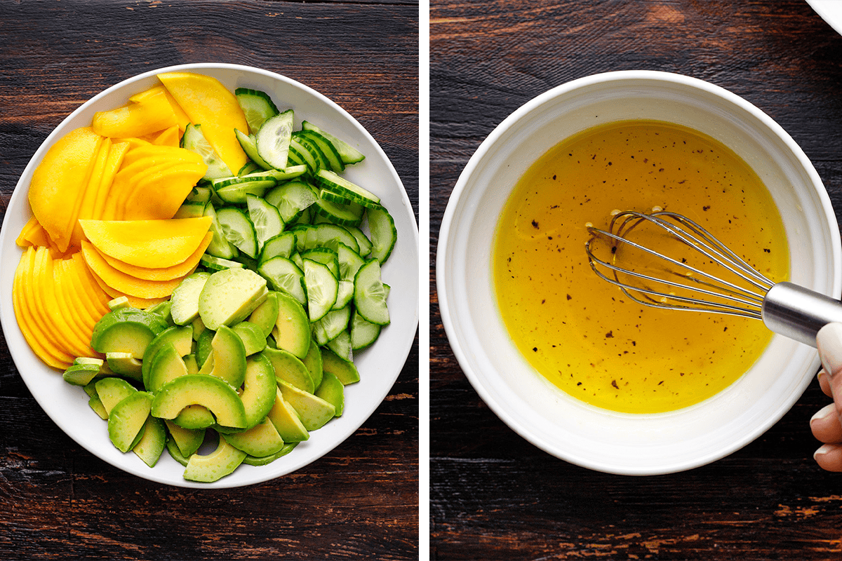 How to Make Grilled Cilantro Lime Chicken Thighs (Step-by-Step Photos) A bowl with sliced mango, cucumbers, and avocado next to a bowl of yellow sauce being whisked, all on a dark wooden surface.