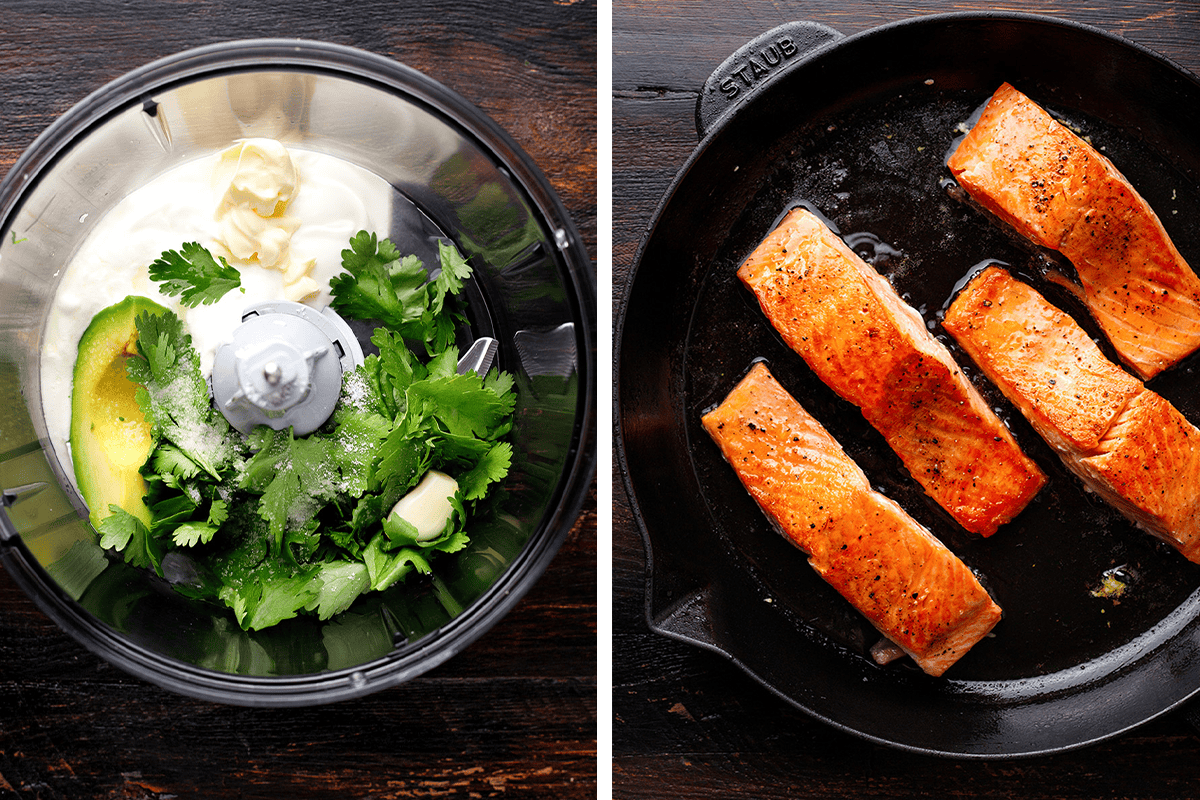 Left: Ingredients, including avocado, cilantro, mayonnaise, and garlic, in a food processor. Right: Four salmon fillets cooking in a black cast-iron skillet, seared to a golden brown.