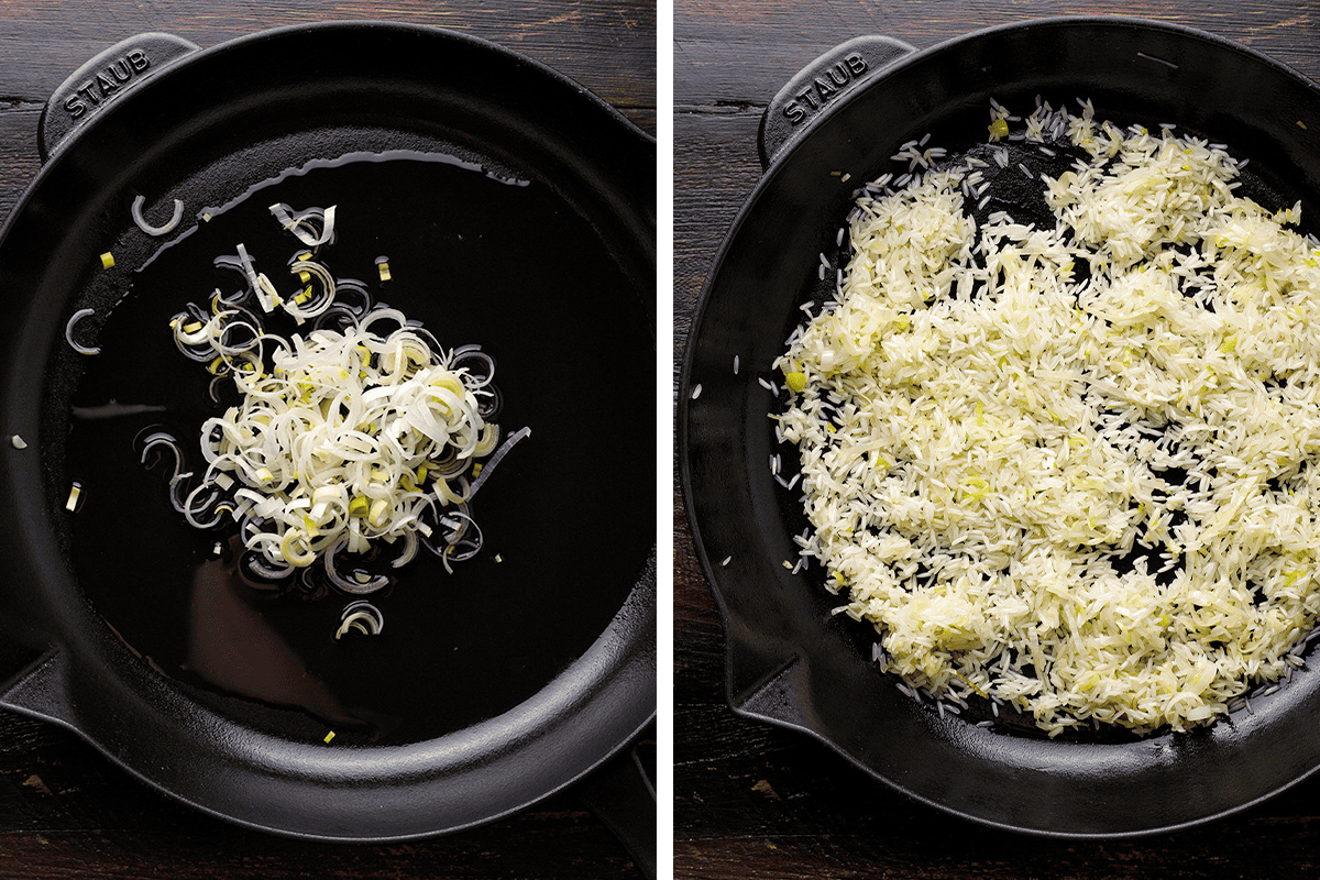Side-by-side images show a black cast-iron skillet. On the left, sliced leeks are saut&eacute;ing in oil. On the right, the skillet is filled with white rice and leeks being cooked together.
