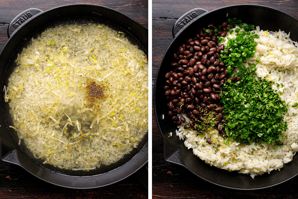 Side-by-side images of a skillet: left shows uncooked rice, chicken broth, spices, and leeks; right shows cooked rice topped with black beans, chopped chives, and fresh cilantro.