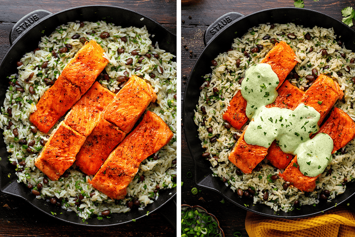 Side-by-side images of a skillet with cilantro-lime rice, black beans, and four pieces of seasoned salmon; the right image shows the salmon topped with a creamy green cilantro-lime sauce - over black bean rice in a skillet.