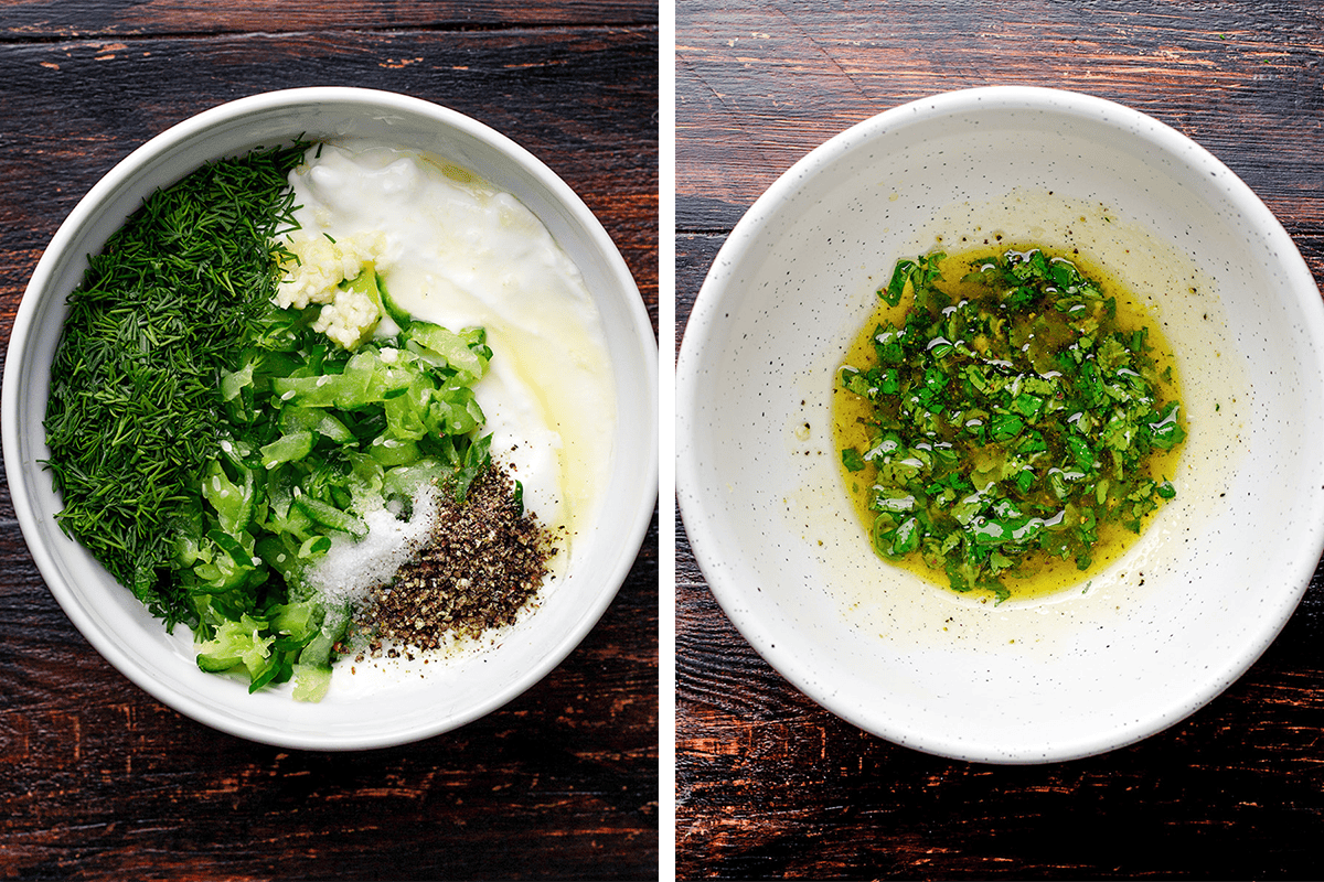 Two white bowls on a dark wooden surface: the left bowl contains a mixture of ingredients for tzatziki: chopped dill, garlic, jalape&ntilde;o, black pepper, yogurt, and olive oil. The right bowl has a green herb-and-oil dressing for the marinated veggies.