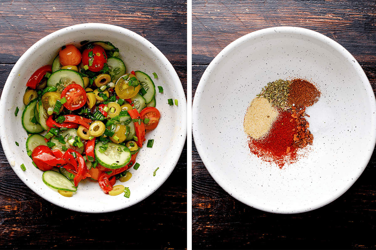 Split image: Left shows a bowl of cucumber, tomato, olive, and herb salad. Right shows a bowl with piles of dried spices, including oregano, paprika, onion powder, and crushed red pepper, on a dark wood surface.