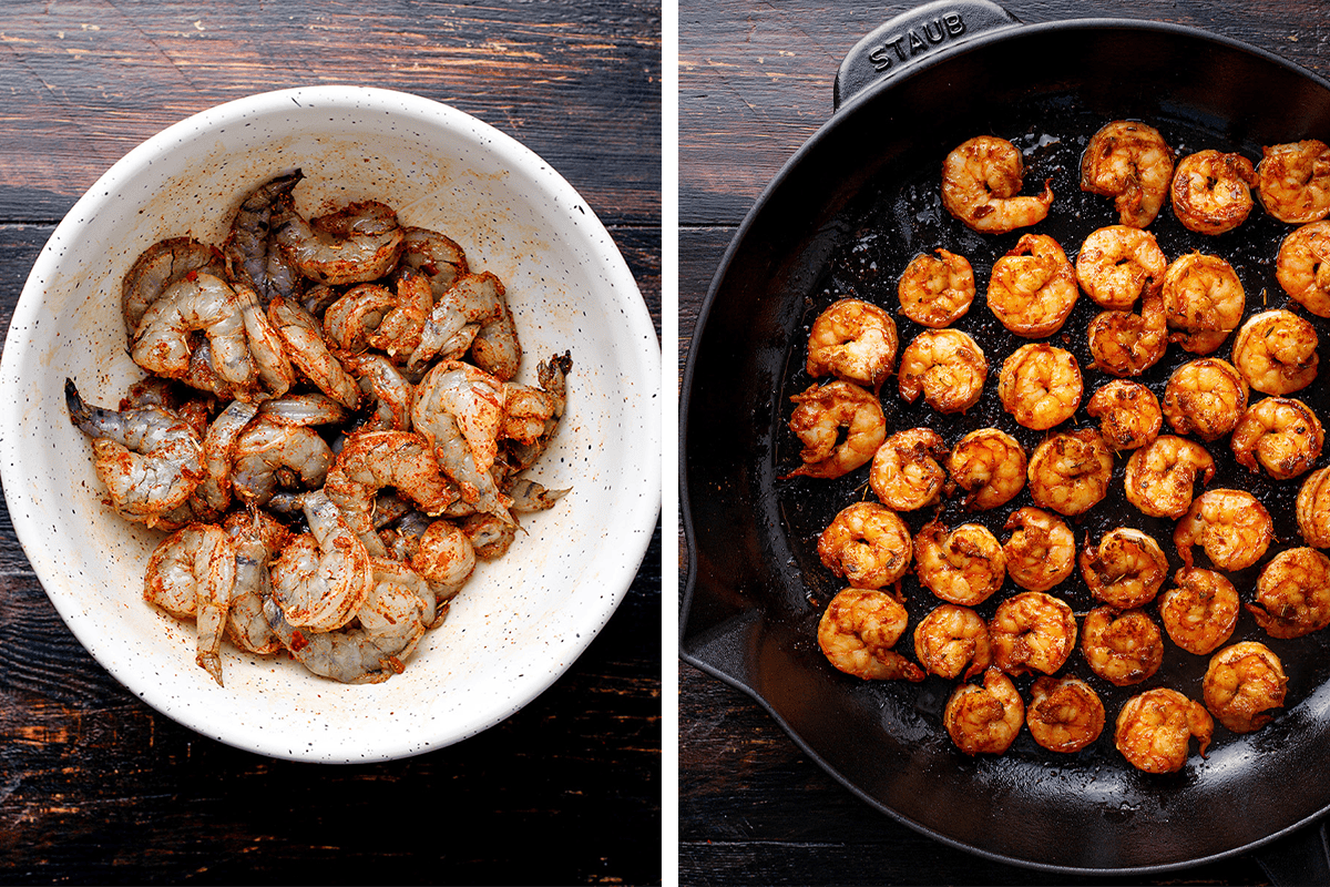 Two images side by side: left, raw shrimp seasoned in a white bowl; right, cooked, browned shrimp arranged in a black skillet on a dark wooden surface.