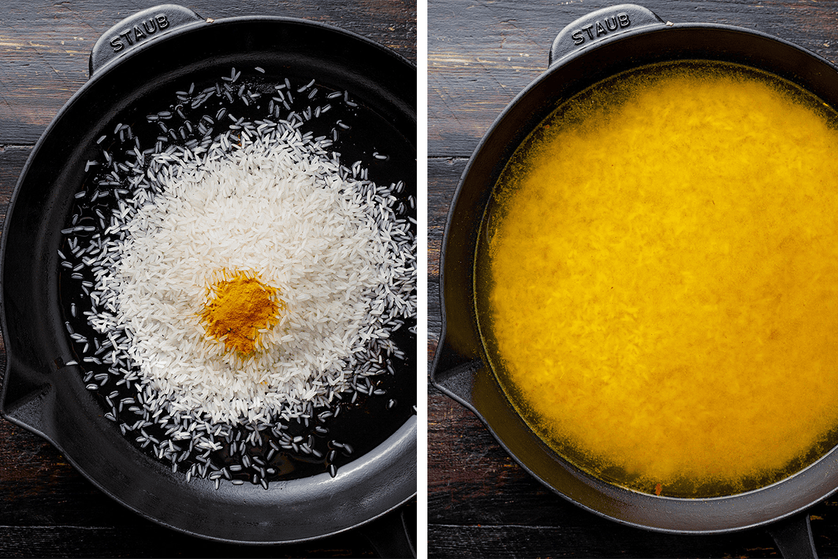 Side-by-side images: Left, dry white rice and turmeric powder in a black pan. Right, the same pan filled with water, dissolving turmeric, turning the water yellow. Both pans are on a dark wooden surface.