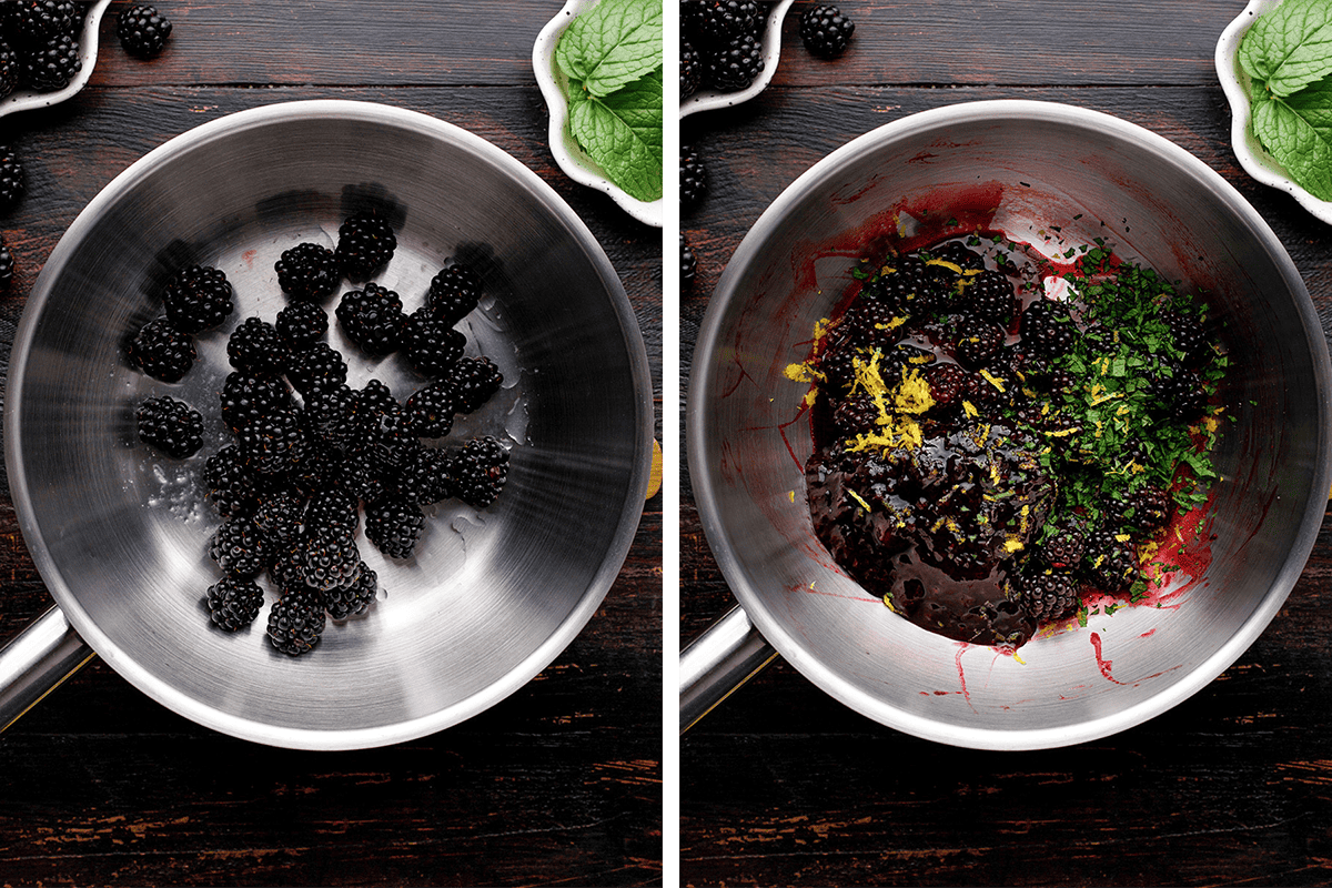 Two photos: left, fresh blackberries in a saucepan; right, blackberries mixed with chopped herbs, lemon zest, and sauce in the same pan, all on a dark wooden surface.