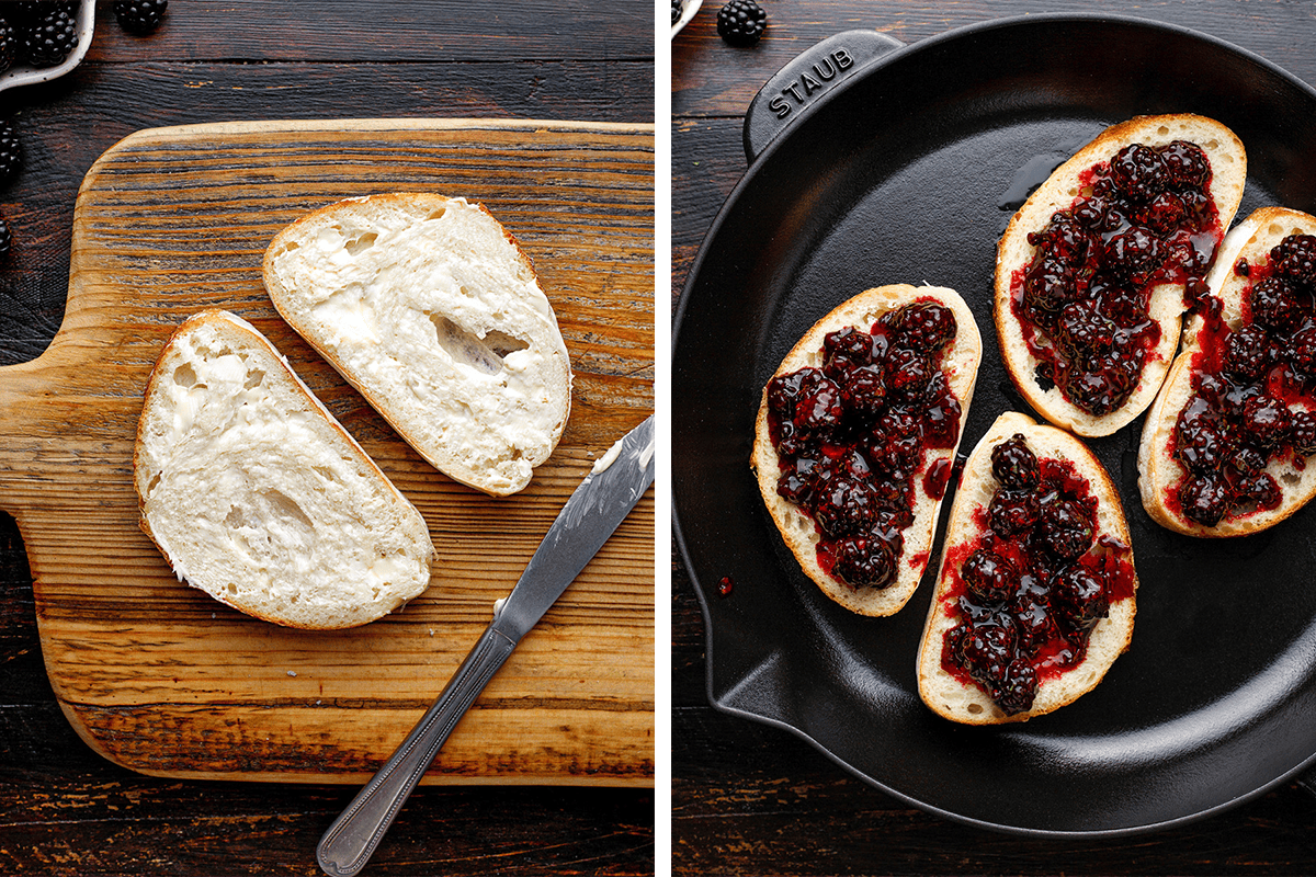 Left: Two slices of bread with cheese on a wooden board. Right: Four slices of bread topped with dark berry jam in a black pan.
