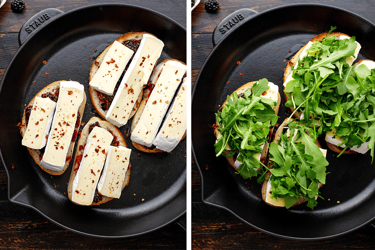 Two images show bread in a skillet. Left: bread topped with thick brie slices and red pepper flakes. Right: the same bread now topped with fresh arugula, ready to be grilled.