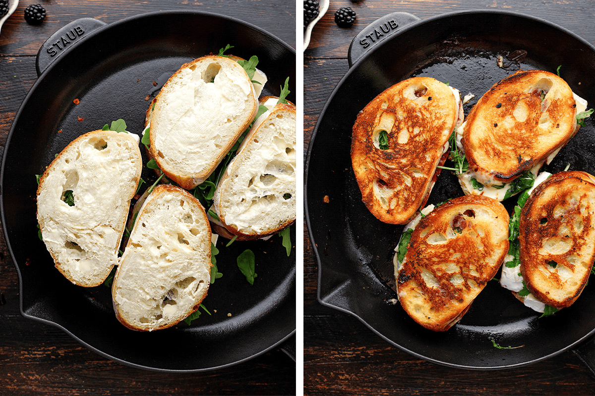 Side-by-side images show a skillet with two sandwiches: one open-faced with cheese and greens, the other grilled and golden brown on both sides.