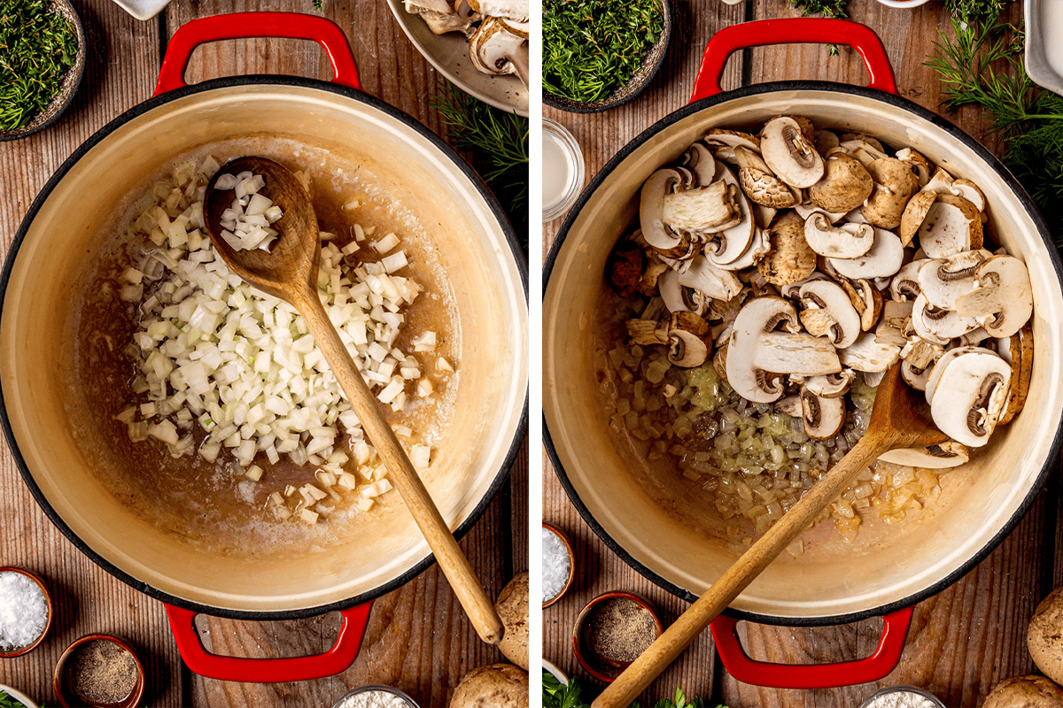 How to Make Hungarian Mushroom Soup Cooking chopped onion in butter in a large pot, then adding sliced mushrooms.