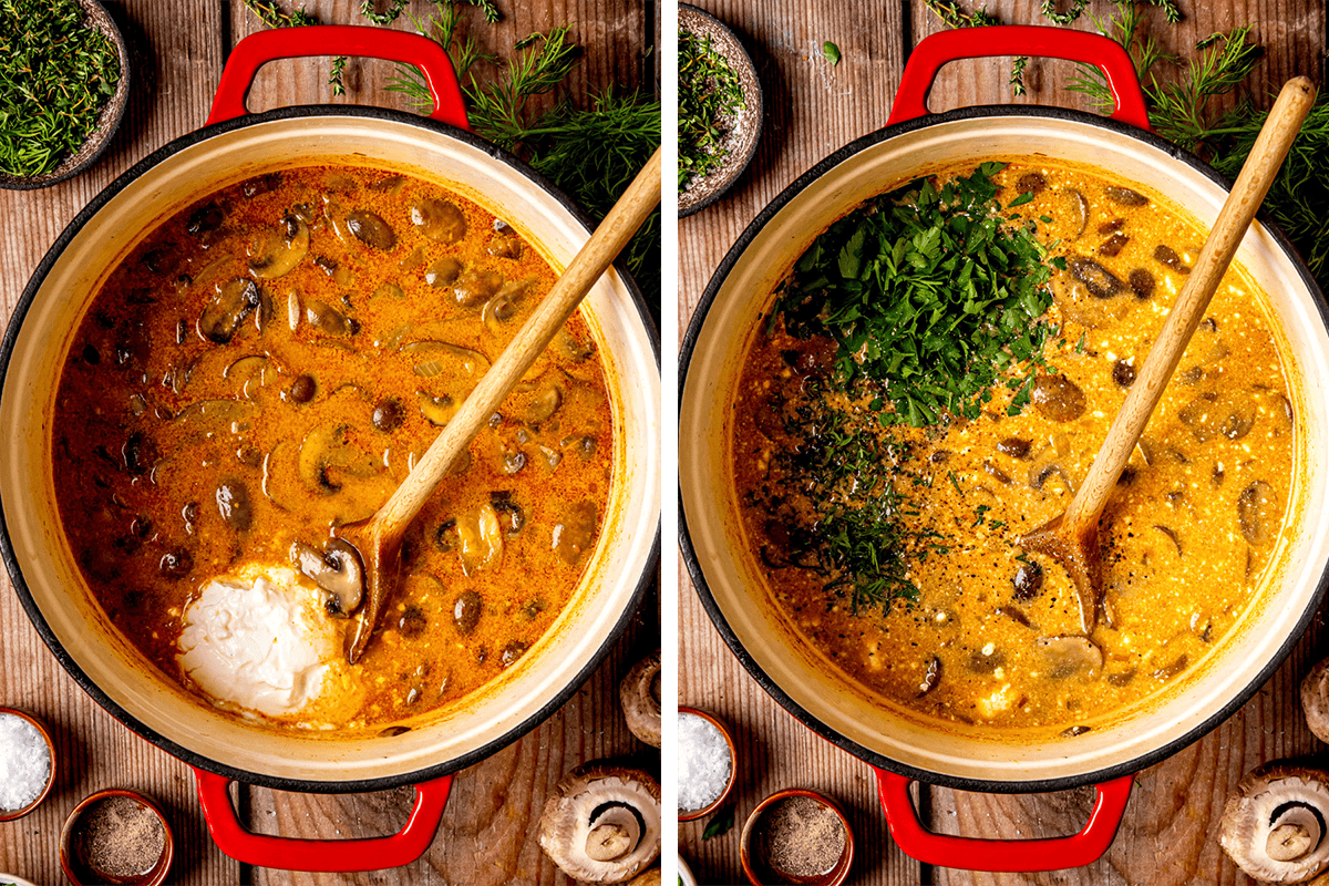How to Make Hungarian Mushroom Soup Adding sour cream to the soup pot, then adding fresh herbs.