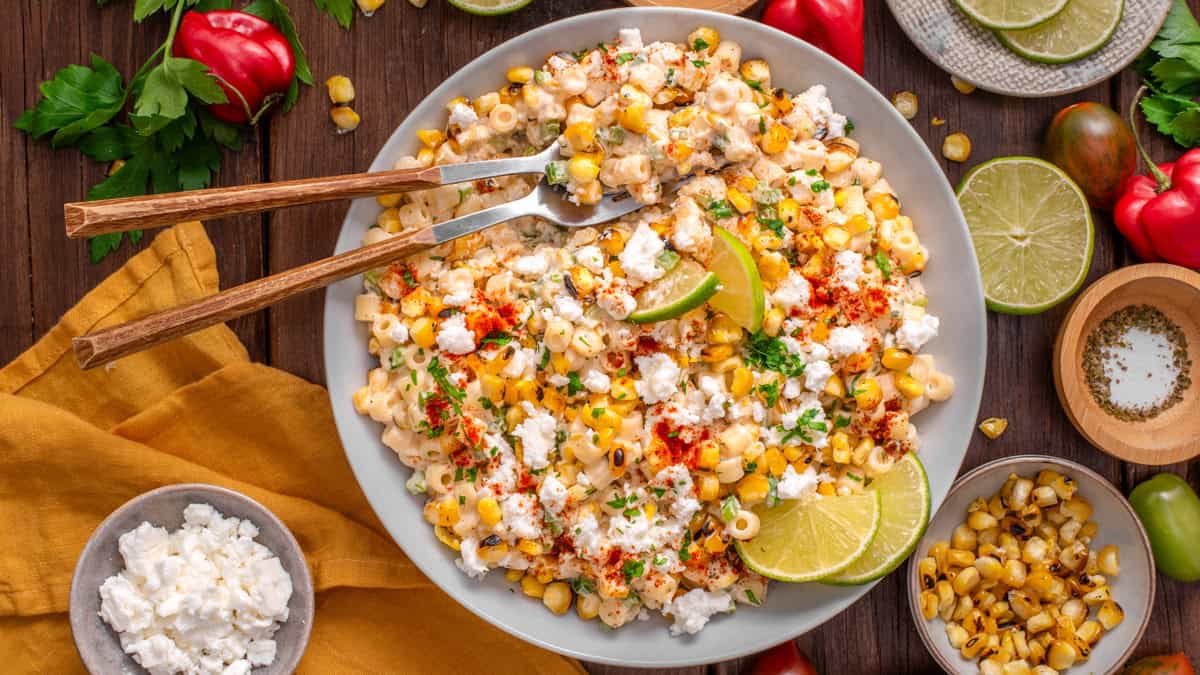 Mexican Street Corn Pasta Salad in a bowl.