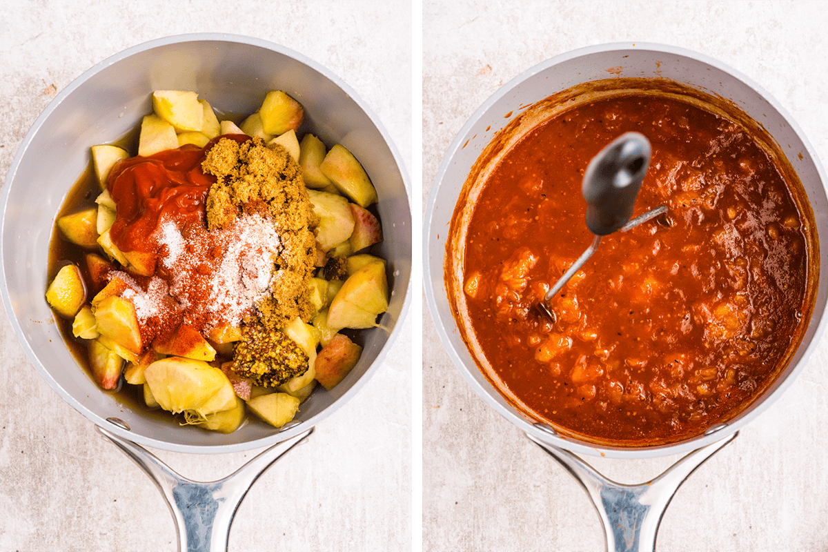 Two images: Left, a pot with chopped peaches, brown sugar, ketchup, and spices. Right, the same pot with a thick, reddish sauce being mixed.