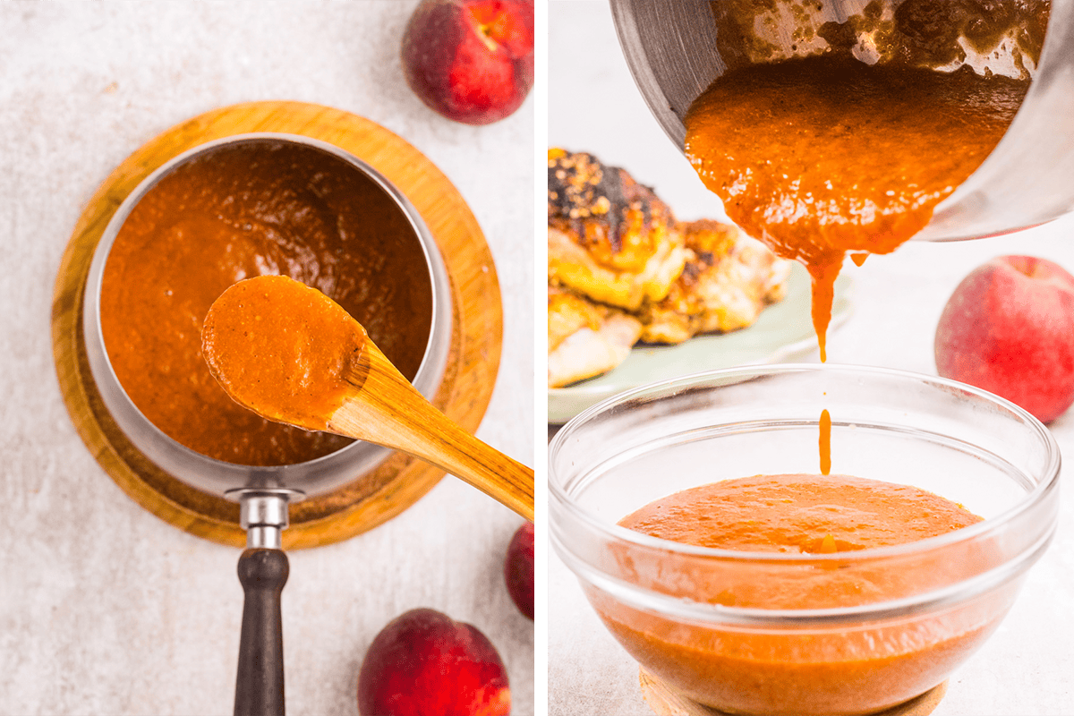 Two photos: on the left, a wooden spoon stirs peach sauce in a saucepan; on the right, the sauce is poured from a pot into a glass bowl.