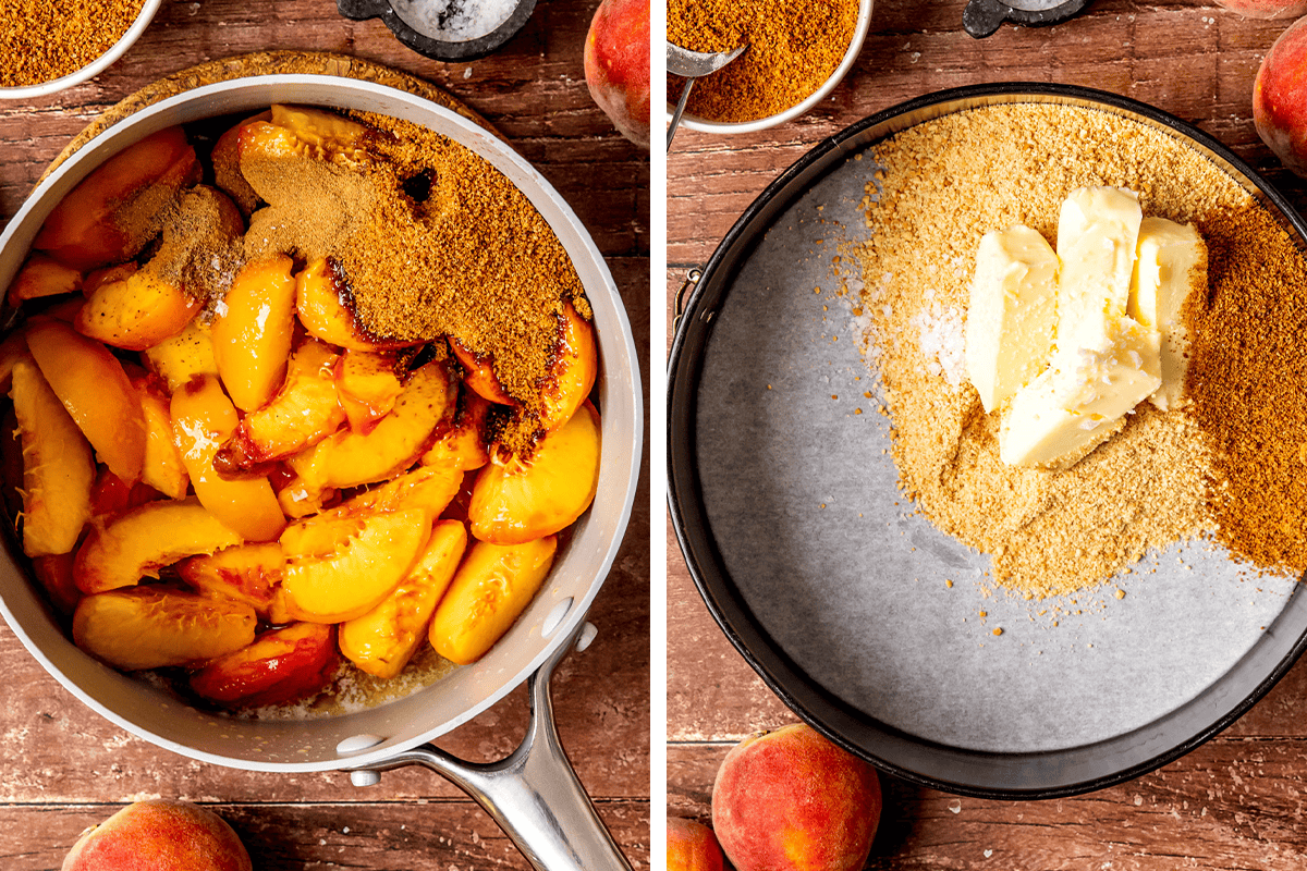 Two images side by side: the left shows sliced peaches with sugar and spices in a saucepan; the right shows a round cake pan with graham cracker crumbs and pieces of butter on parchment paper. 