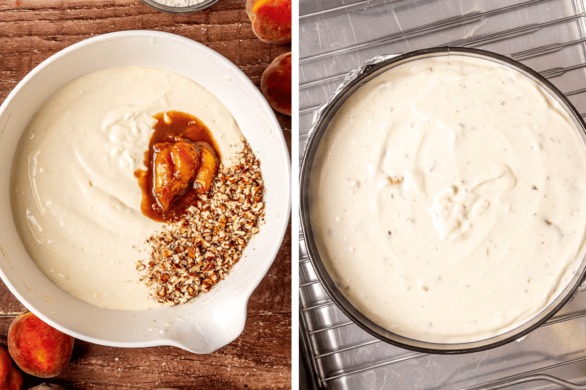 Split image: Left side shows a bowl of cheesecake batter with chopped pecans and cooked peaches being mixed in; right side shows the batter smoothed in a round cake pan on a wire rack.