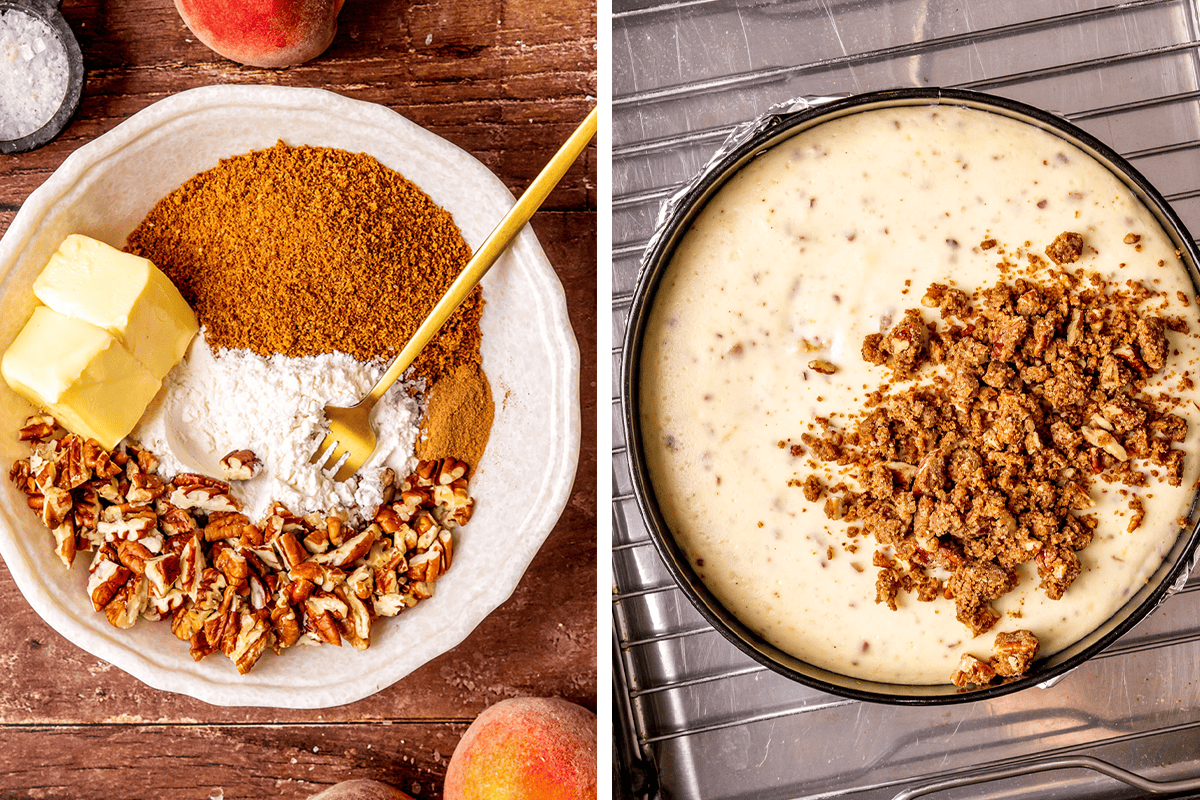 Left: A bowl with streusel: butter, brown sugar, chopped pecans, cinnamon, and flour being mixed with a fork. Right: A cake pan filled with batter, topped with a pecan streusel, on a baking tray.