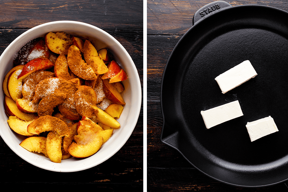 Tossing sliced peaches with sugar, lemon juice, and cinnamon in a bowl; then melting butter in a cast iron skillet.