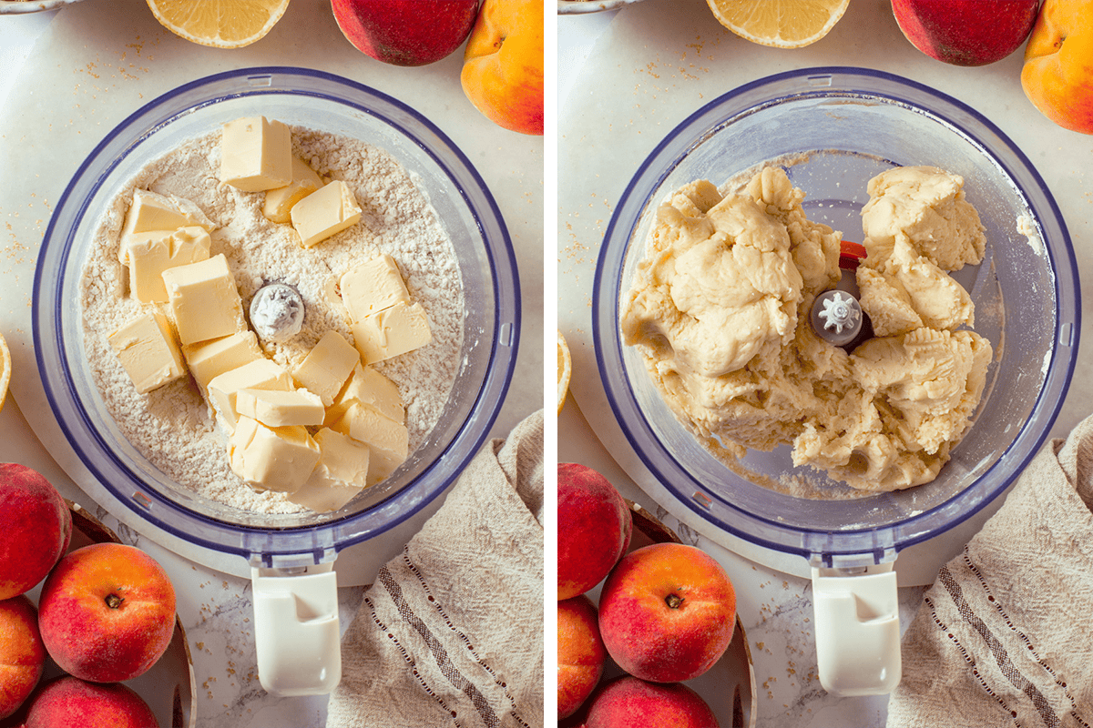 Two side-by-side images show a food processor with pie dough ingredients. The left side has flour and cubes of butter, while the right side shows the mixture blended into a dough. Fresh peaches and a lemon surround the processor.