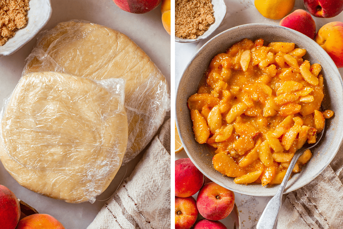 Two images side by side: on the left, two discs of dough wrapped in plastic wrap; on the right, a bowl of sliced peaches mixed with sugar, surrounded by fresh peaches and brown sugar in bowls.