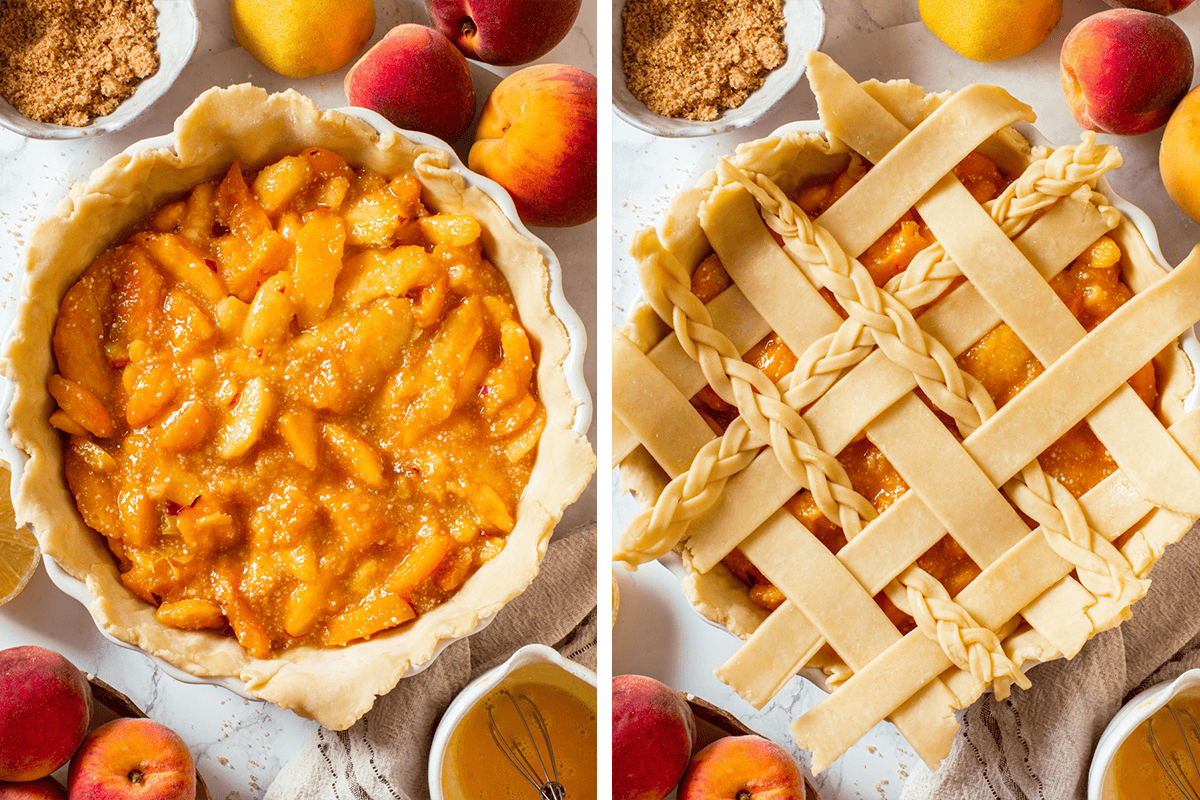 Side-by-side images: Left shows an unbaked peach pie with peach filling in a pie crust. Right shows the same pie with an added uncooked lattice and braided top crust, surrounded by peaches and baking ingredients.