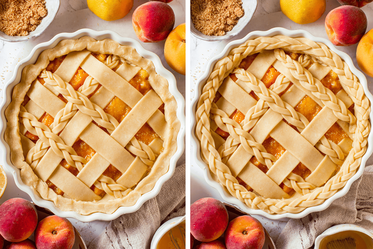 Two unbaked peach pies side by side; both have a lattice crust, but the right pie features extra braided dough strips for decoration. Fresh peaches and bowls of brown sugar surround the pies.
