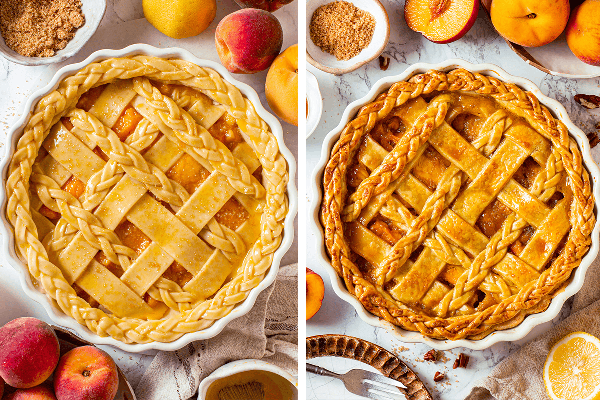 Two images side by side show a peach pie before and after baking. The pie has a decorative lattice and braided crust, surrounded by fresh peaches and baking ingredients on a white surface.