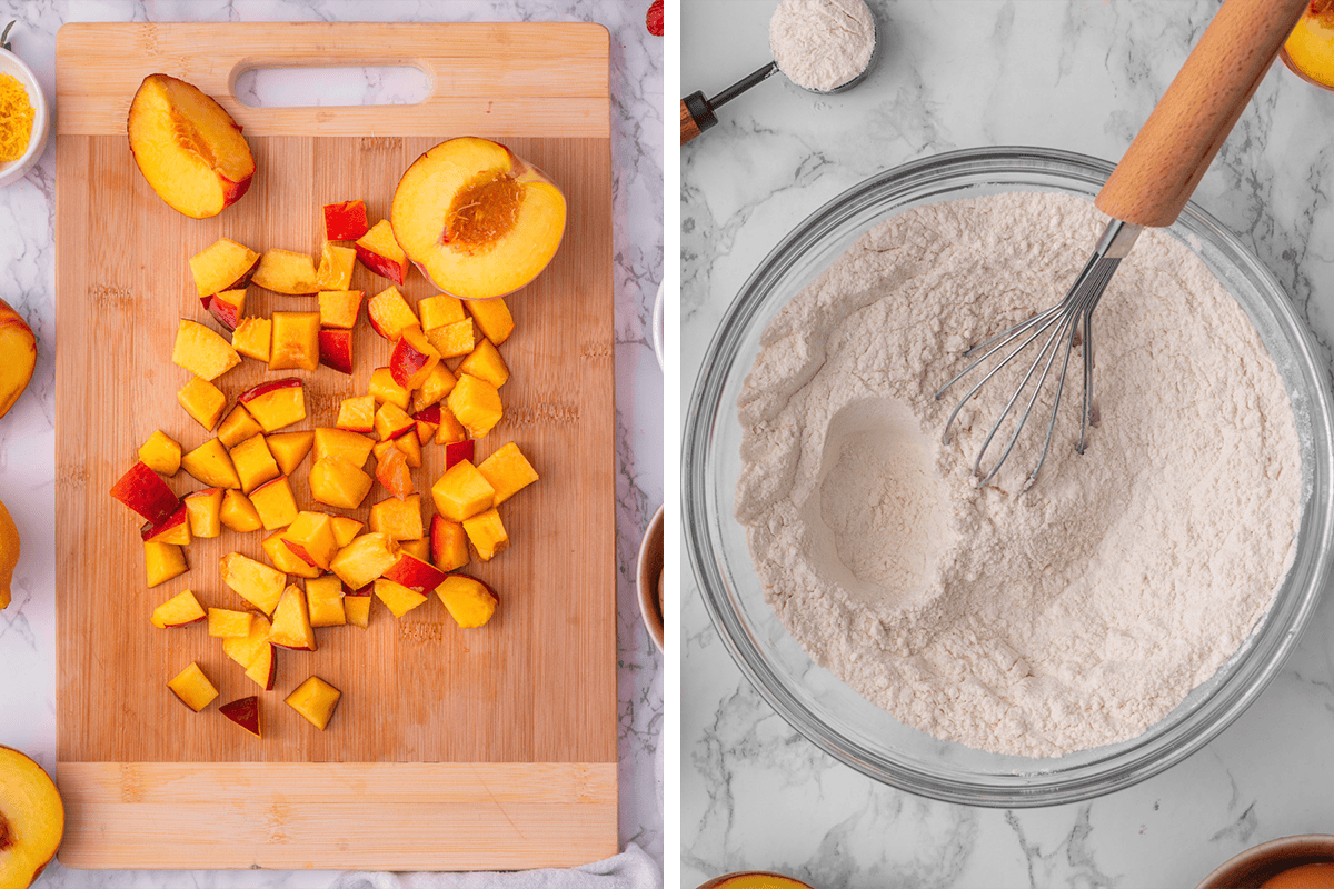 Step-by-Step Photos for Raspberry Peach Loaf Cake Left: Chopped peaches on a wooden cutting board. Right: A glass bowl with flour and a whisk on a marble surface.