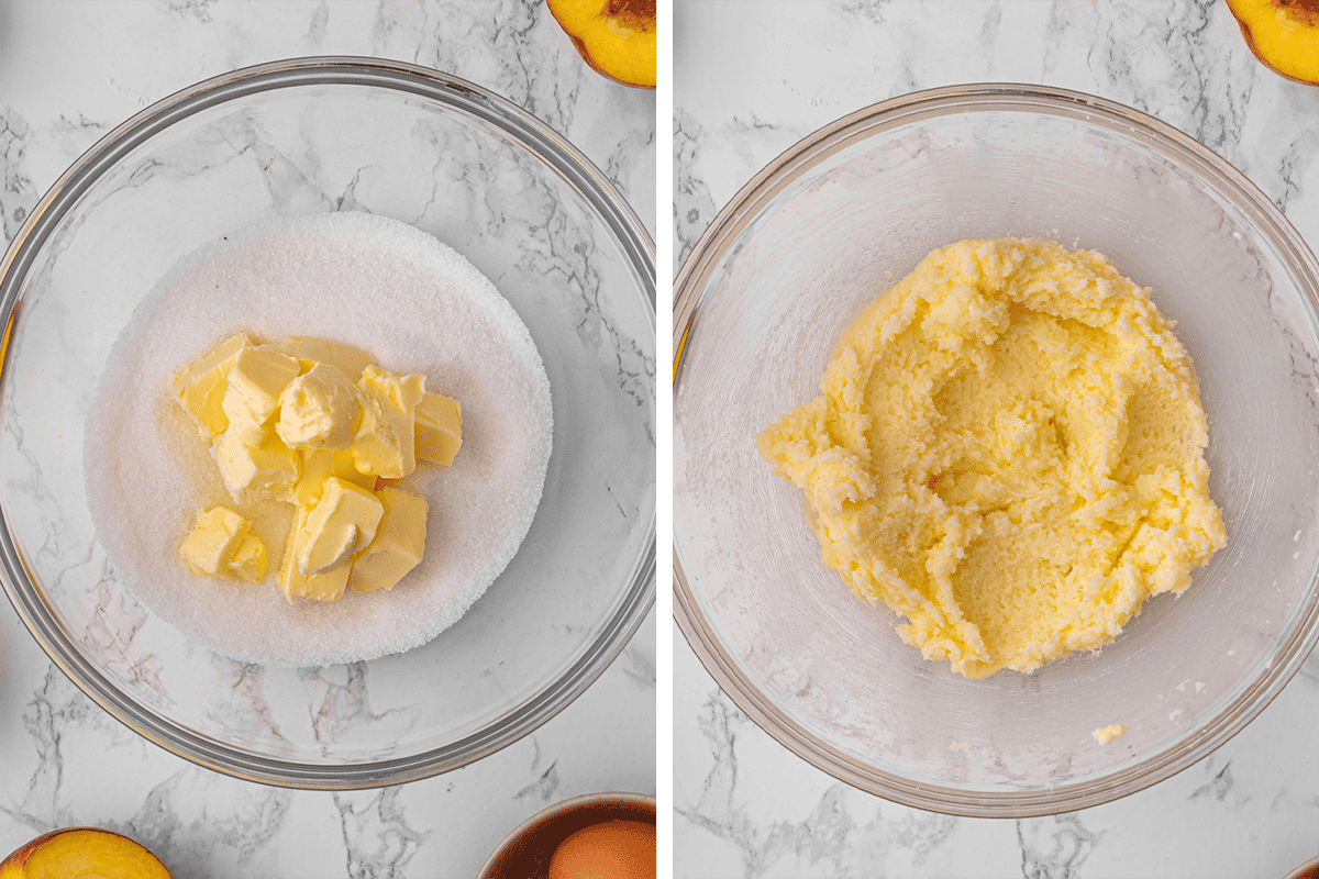 Step-by-Step Photos for Raspberry Peach Loaf Cake Two side-by-side bowls: the left shows cubes of butter and sugar, and the right shows them mixed into a creamy, fluffy texture.