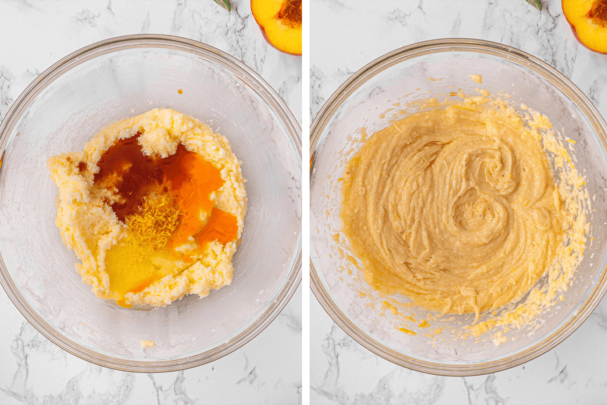 Step-by-Step Photos for Raspberry Peach Loaf Cake Two glass bowls: one with creamed mixture, vanilla, and lemon zest, and the other with the ingredients mixed into smooth batter.