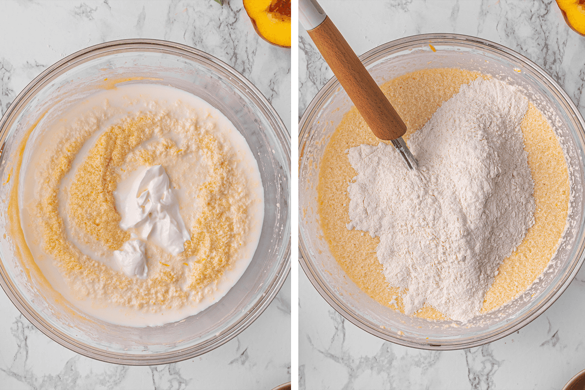 Raspberry Peach Loaf Cake (Step-by-Step Photos) Two bowls with cake batter: the left bowl has batter and whipped egg whites, the right bowl has batter with dry ingredients being mixed in.
