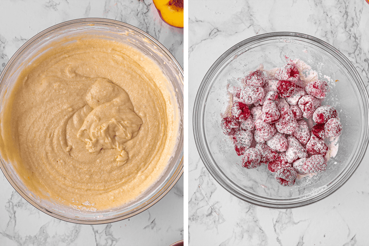 Raspberry Peach Loaf Cake (Step-by-Step Photos) Left: Bowl with cake batter. Right: Bowl with raspberries coated in flour or powdered sugar.