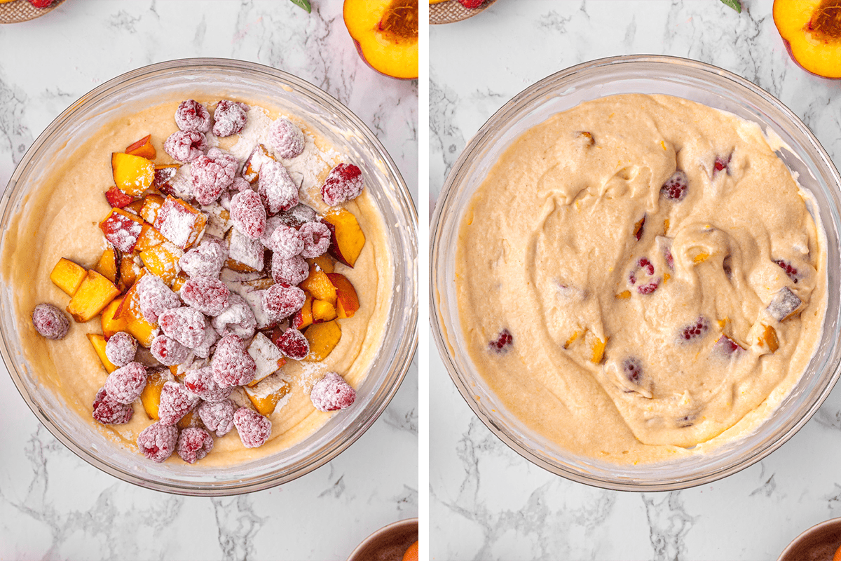 Step-by-Step Photos for Raspberry Peach Loaf Cake Two glass bowls: one with cake batter topped with chopped peaches, raspberries, and flour; the other showing the fruit mixed into the batter.