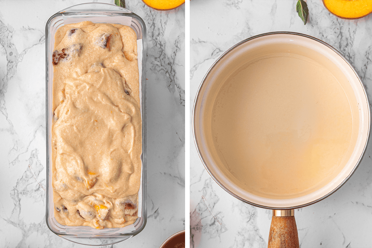 Step-by-Step Photos for Raspberry Peach Loaf Cake Left: Batter mixture with fruit chunks in a glass loaf pan. Right: Creamy liquid mixture in a saucepan on a marble surface.